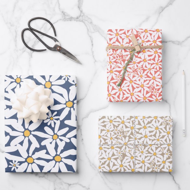 Make My Daisy - Navy, Coral, Mocha Wrapping Paper Sheet (Front)