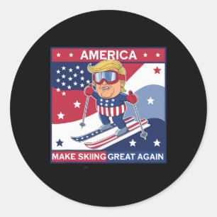 Make Skiing Great Again Donald Trump On Ski Classic Round Sticker