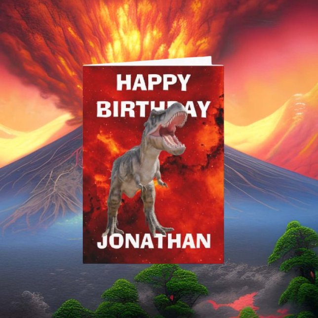 Make Their Birthday Unforgettable with Our T-Rex Card (Unleash your creativity with our T Rex dinosaur card featuring a striking red volcano!)