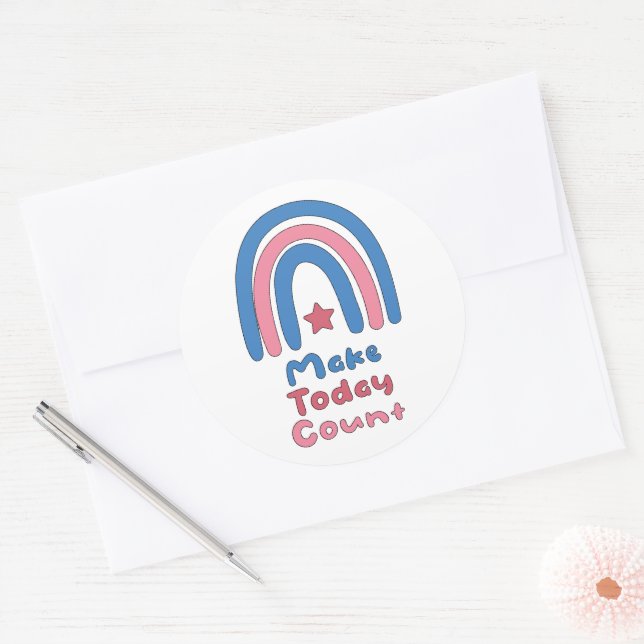 Make today count pink and blue boho rainbow classic round sticker (Envelope)