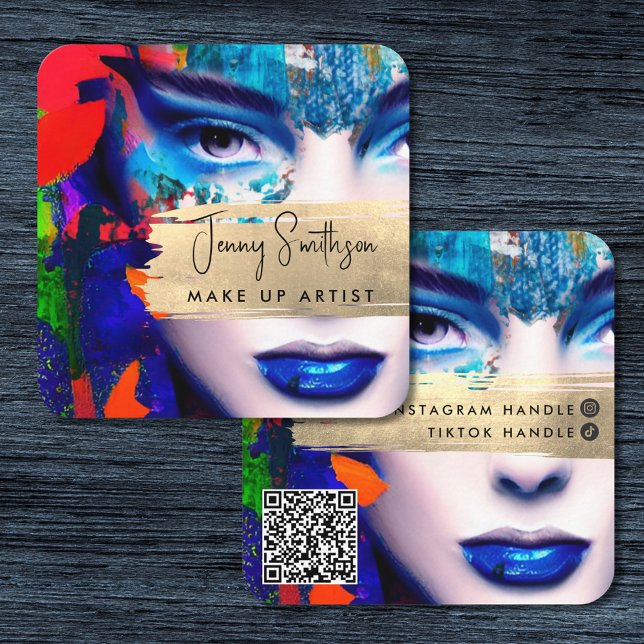 Make Up Artist Add QR Code & Social Media Colourfu Square Business Card (Creator Uploaded)
