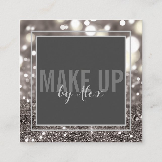Make up artist bold signature script glitter square business card (Front)