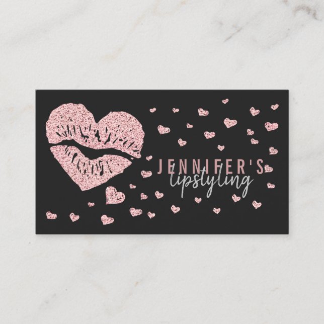 Make Up Artist Lips Rose Gold Heart gloss lipstick Business Card (Front)