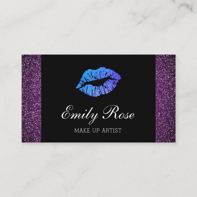 Make Up Artist Purple Glitter Lipstick Kiss Business Card (Front)