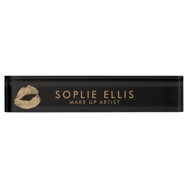 Make Up Gold Glitter Lips Black Personalize Name Nameplate (Front)