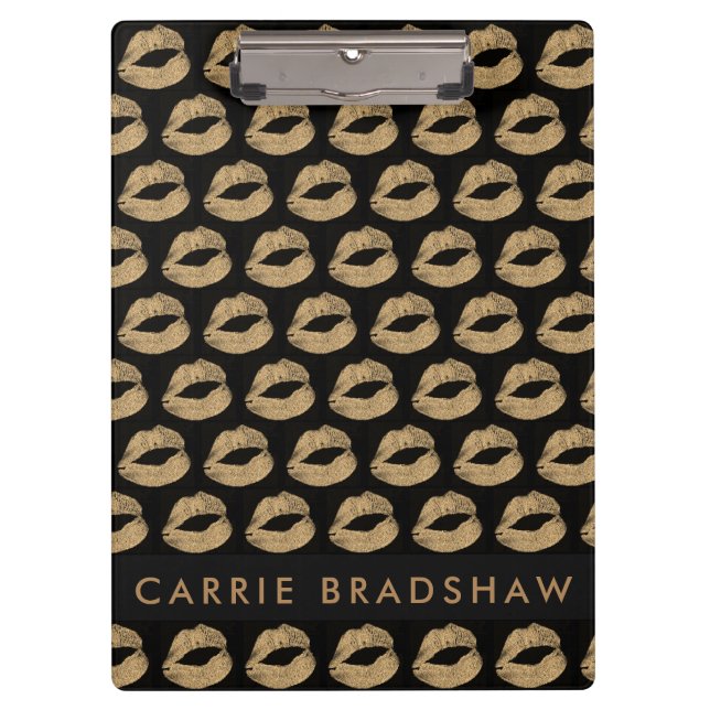 Make Up Gold Glitter Lips Pattern Personalize Name Clipboard (Front)