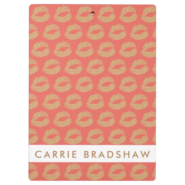 Make Up Gold Glitter Lips Peach Personalize Name Clipboard (Back)