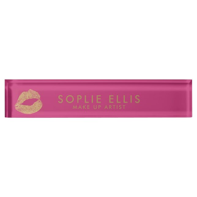 Make Up Gold Glitter Lips Pink Personalize Name Nameplate (Front)
