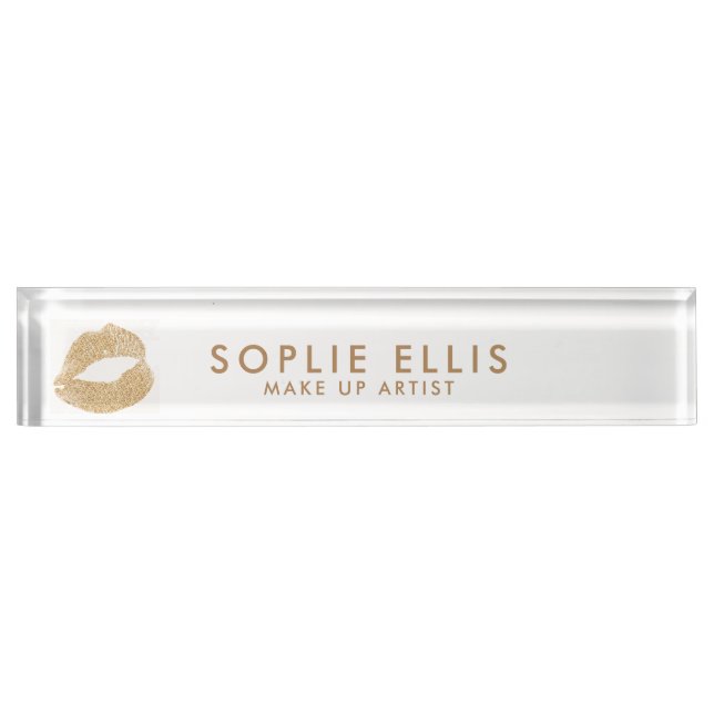 Make Up Gold Glitter Lips White Personalize Name Nameplate (Front)