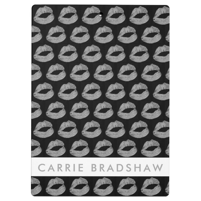 Make Up Silver Glitter Lips Black Personalize Name Clipboard (Back)