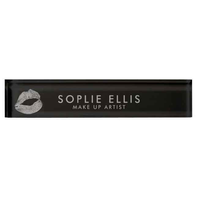 Make Up Silver Glitter Lips Black Personalize Name Nameplate (Front)