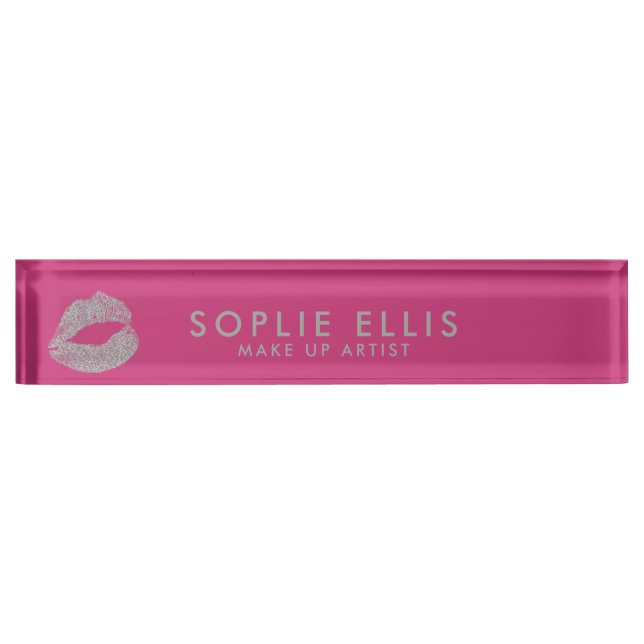 Make Up Silver Glitter Lips Pink Personalize Name Nameplate (Front)