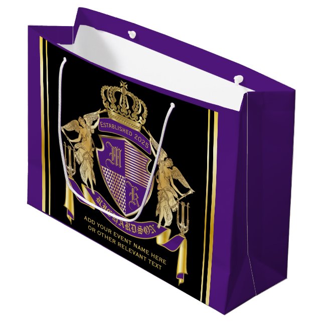 Make Your Coat of Arms Gold Angel Purple Emblem Large Gift Bag (Front Angled)