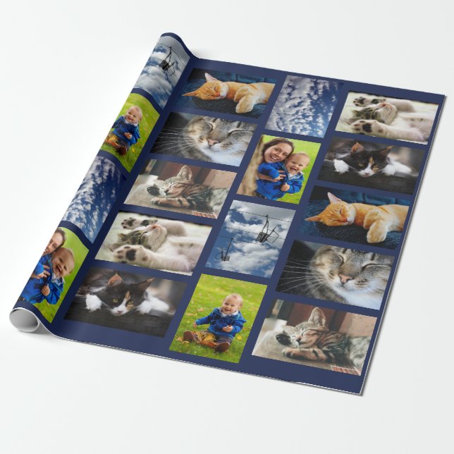 Make Your Own 9 Photo Collage on Navy Blue Wrapping Paper (Unrolled)