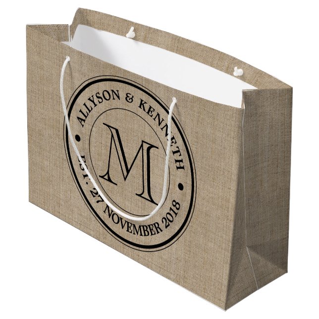 Make Your Own Burlap Retro Logo Monogram Large Gift Bag (Back Angled)