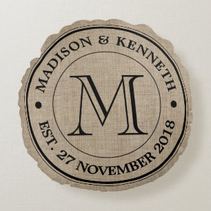 Make Your Own Burlap Retro Logo Monogram Round Cushion