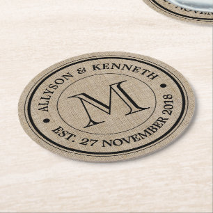 Make Your Own Burlap Retro Logo Monogram Round Paper Coaster