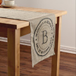 Make Your Own Burlap Retro Logo Monogram Short Table Runner<br><div class="desc">Make your own simple, cool, unique monogram with this custom logo design with retro typography over a light, natural brown burlap image background. Replace the sample text with your family initial, names, wedding date or other text for a personalised gift. Makes a wonderful gift for Wedding, Anniversary, housewarming or hostess,...</div>