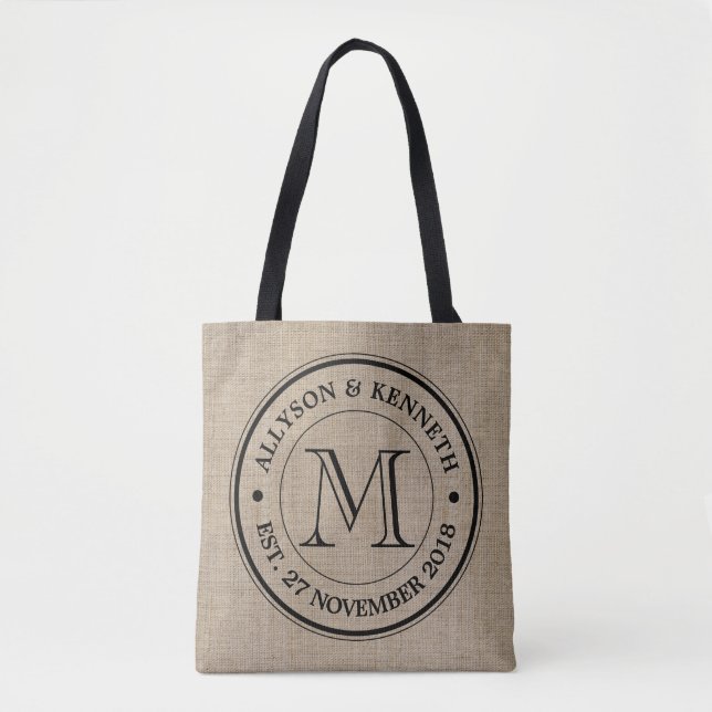 Make Your Own Burlap Retro Logo Monogram Tote Bag (Front)