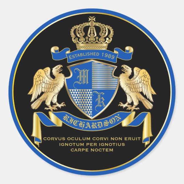 Make Your Own Coat of Arms Blue Gold Eagle Emblem Classic Round Sticker (Front)