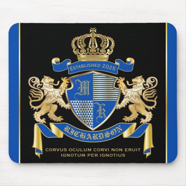 Make Your Own Coat of Arms Blue Gold Lion Emblem Mouse Pad (Front)