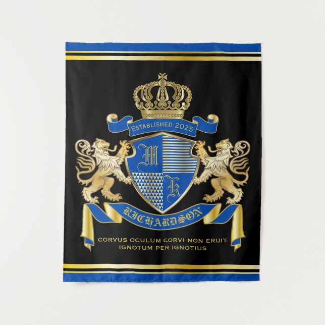 Make Your Own Coat of Arms Blue Gold Lion Emblem Tapestry (Front)