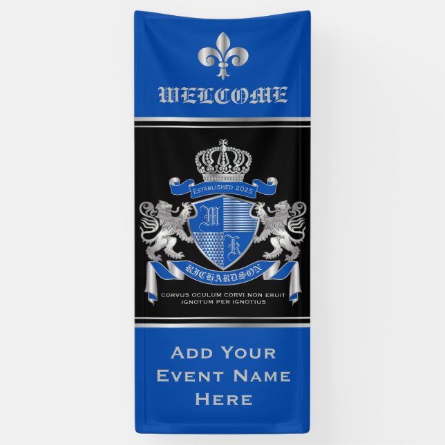 Make Your Own Coat of Arms Blue Silver Lion Emblem Banner (Vertical)