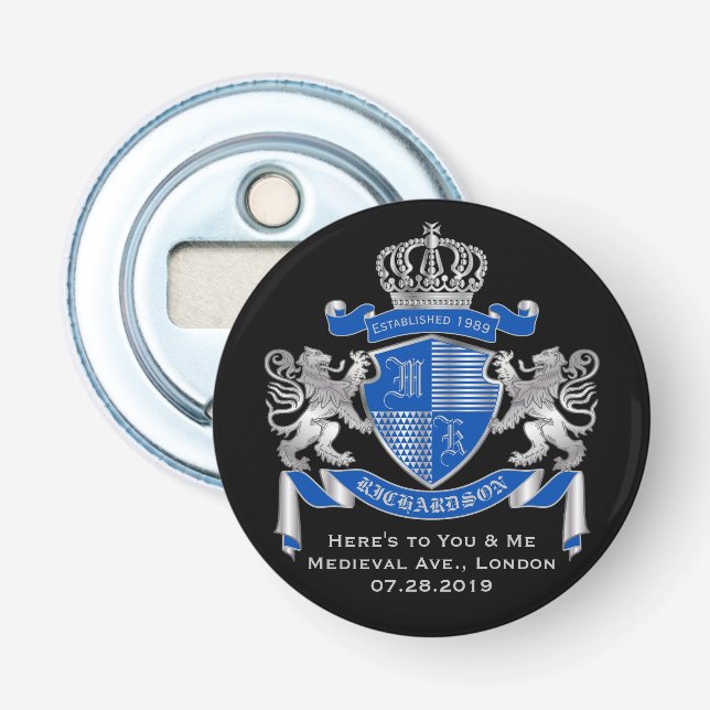Make Your Own Coat of Arms Blue Silver Lion Emblem Bottle Opener (Front)