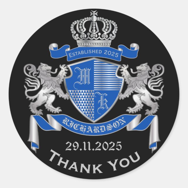 Make Your Own Coat of Arms Blue Silver Lion Emblem Classic Round Sticker (Front)