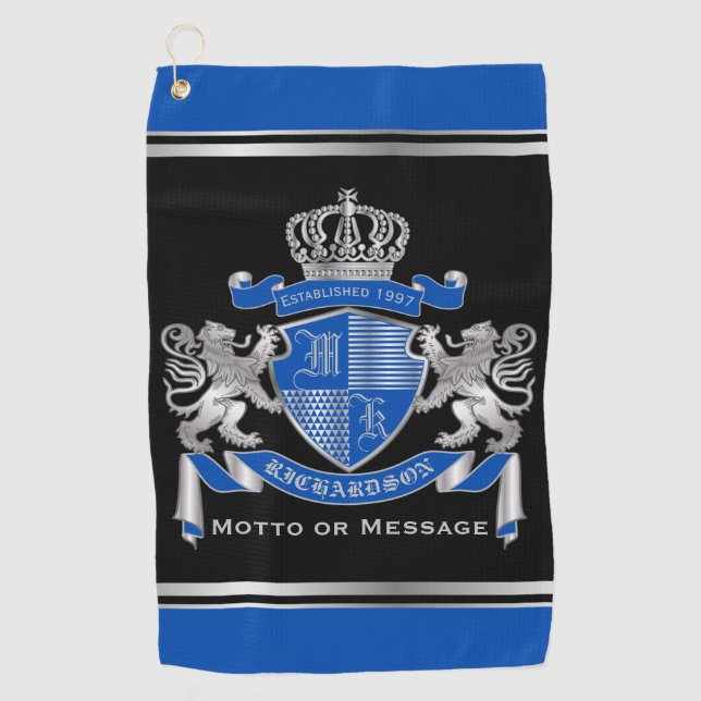 Make Your Own Coat of Arms Blue Silver Lion Emblem Golf Towel (Front)