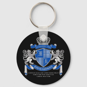 Make Your Own Coat of Arms Blue Silver Lion Emblem Key Ring