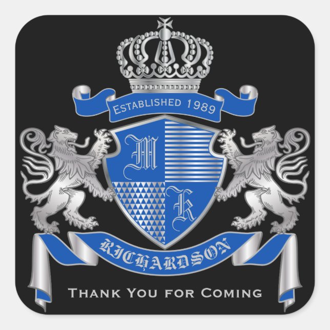 Make Your Own Coat of Arms Blue Silver Lion Emblem Square Sticker (Front)