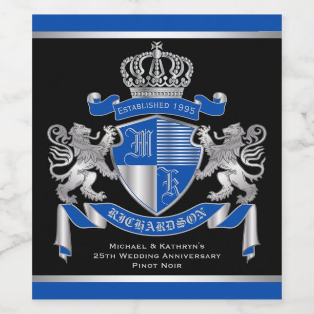 Make Your Own Coat of Arms Blue Silver Lion Emblem Wine Label (Single Label)