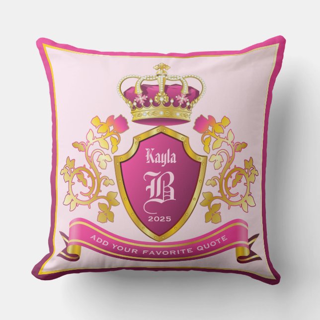 Make Your Own Coat of Arms Gold Crown Pearls Pink Cushion (Front)