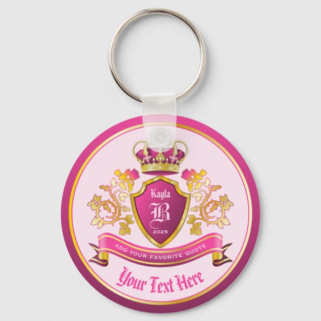 Make Your Own Coat of Arms Gold Crown Pearls Pink Key Ring (Front)