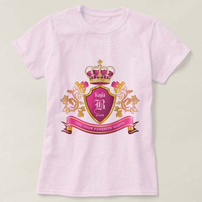Make Your Own Coat of Arms Gold Crown Pearls Pink T-Shirt (Design Front)