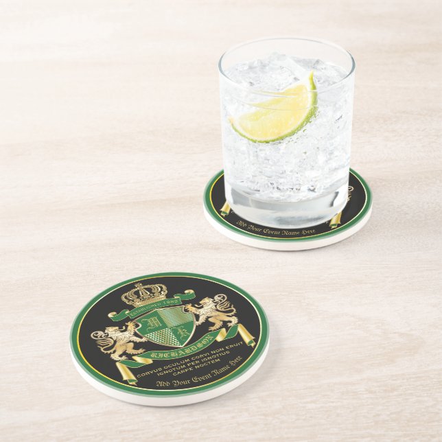 Make Your Own Coat of Arms Green Gold Lion Emblem Coaster (Side)