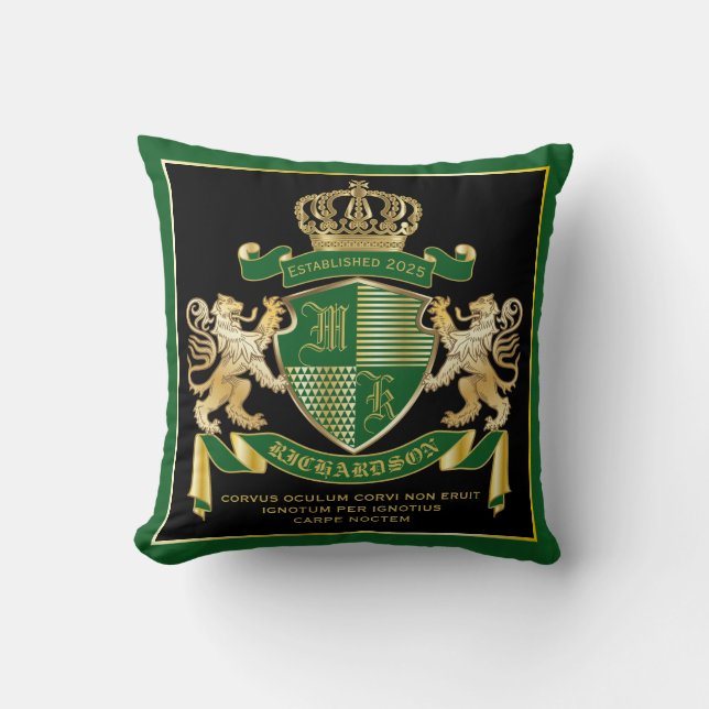 Make Your Own Coat of Arms Green Gold Lion Emblem Cushion (Front)