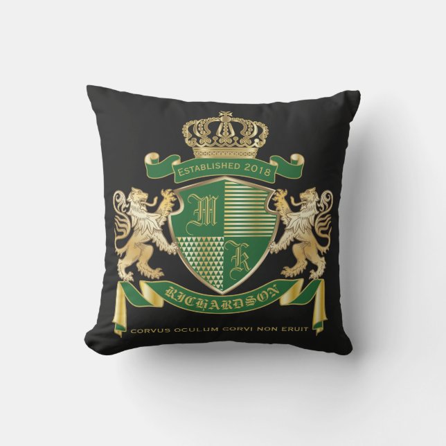 Make Your Own Coat of Arms Green Gold Lion Emblem Cushion (Front)
