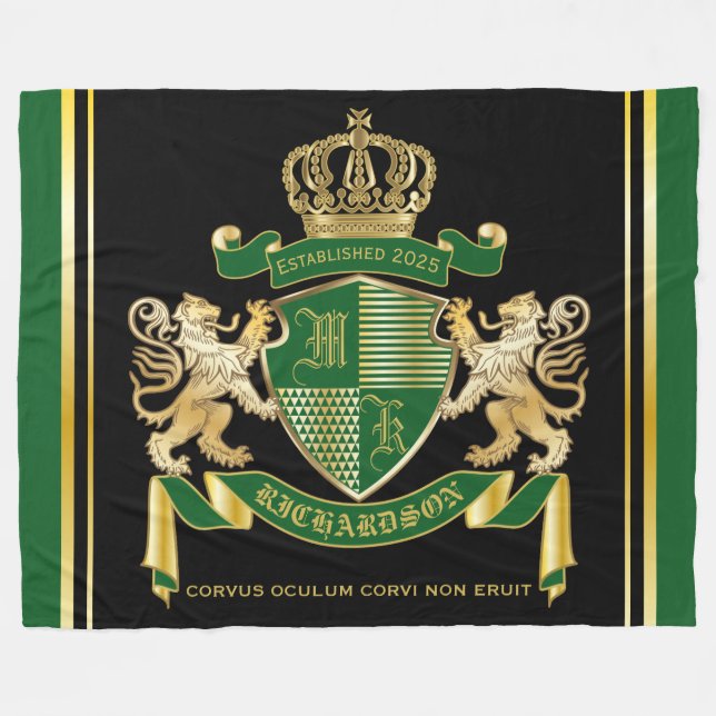 Make Your Own Coat of Arms Green Gold Lion Emblem Fleece Blanket (Front (Horizontal))