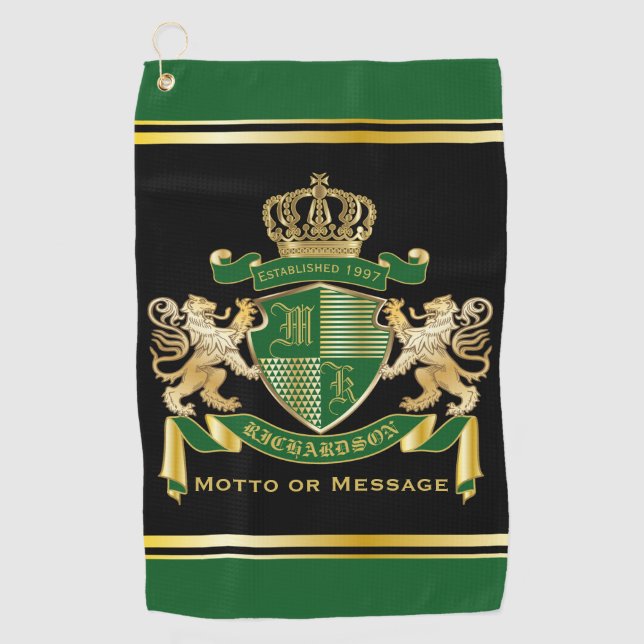 Make Your Own Coat of Arms Green Gold Lion Emblem Golf Towel (Front)