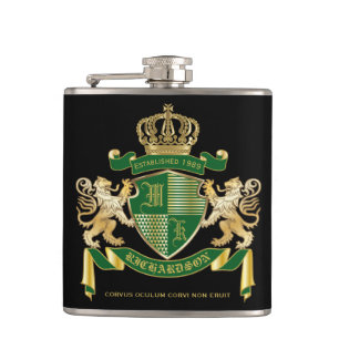 Make Your Own Coat of Arms Green Gold Lion Emblem Hip Flask