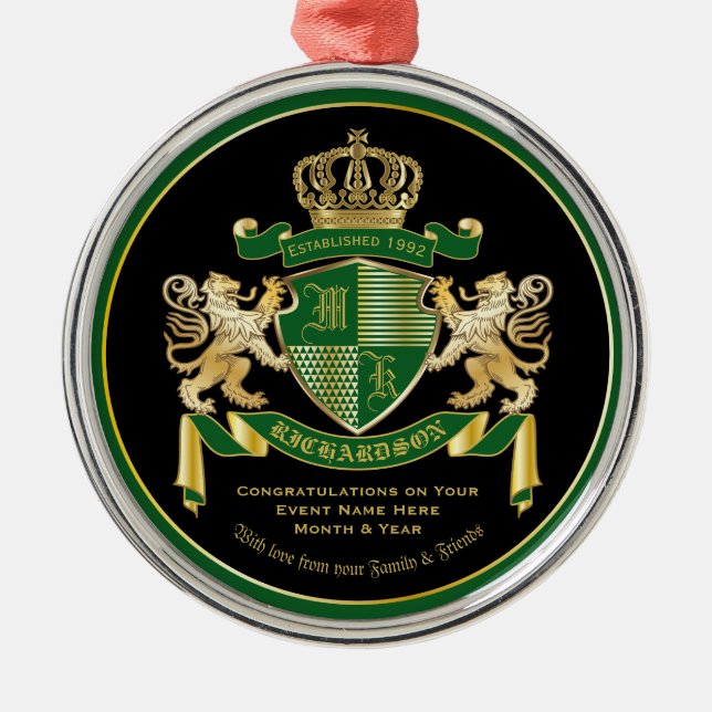 Make Your Own Coat of Arms Green Gold Lion Emblem Metal Tree Decoration (Front)