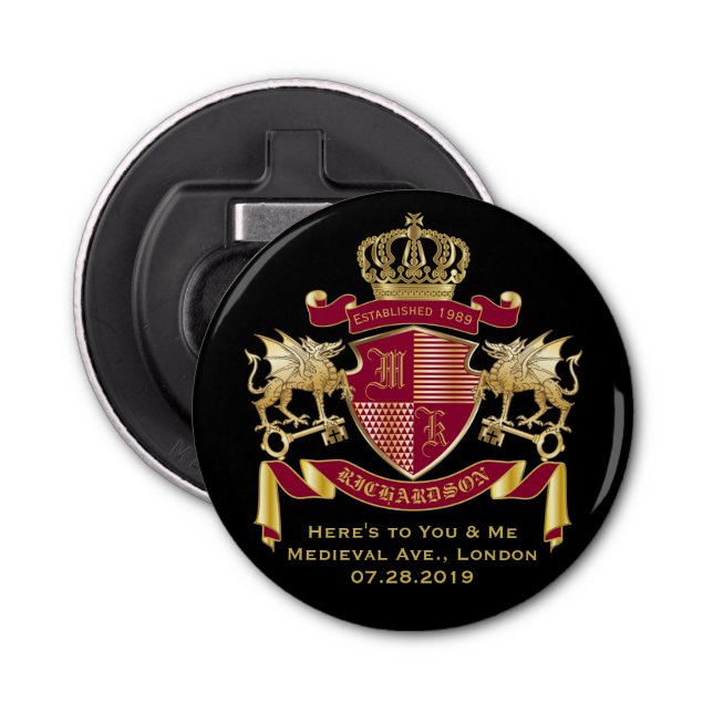 Make Your Own Coat of Arms Red Gold Dragon Emblem Bottle Opener (Front)