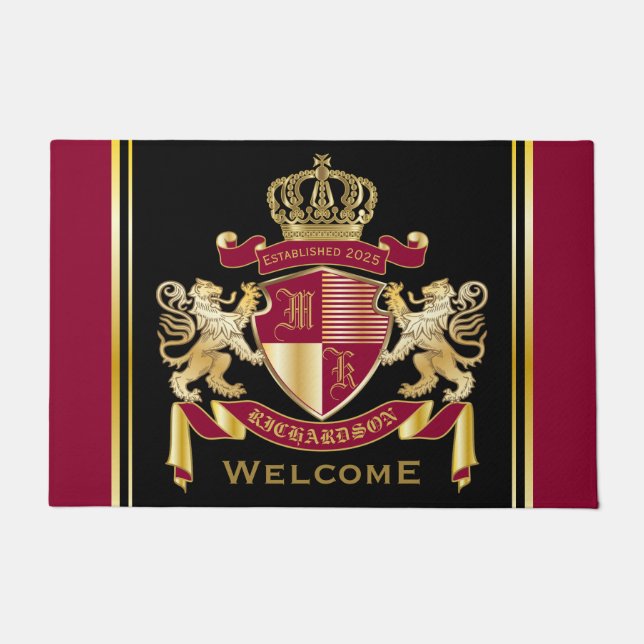 Make Your Own Coat of Arms Red Gold Lion Emblem Doormat (Front)