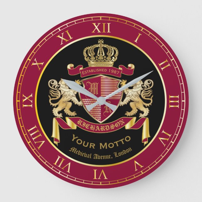 Make Your Own Coat of Arms Red Gold Lion Emblem Large Clock (Front)