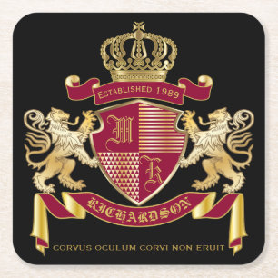 Make Your Own Coat of Arms Red Gold Lion Emblem Square Paper Coaster
