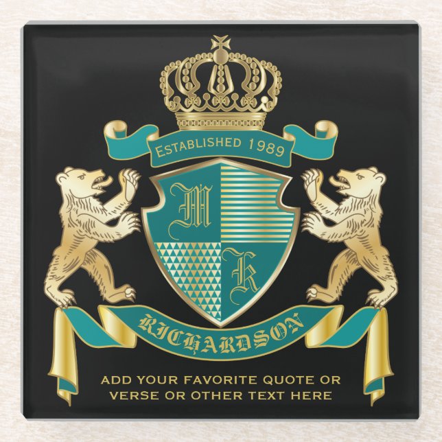 Make Your Own Coat of Arms Teal Gold Bear Emblem Glass Coaster (Front)