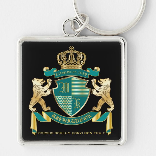 Make Your Own Coat of Arms Teal Gold Bear Emblem Key Ring (Front)