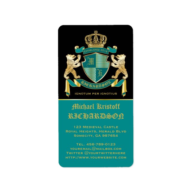 Make Your Own Coat of Arms Teal Gold Bear Emblem Label (Front)